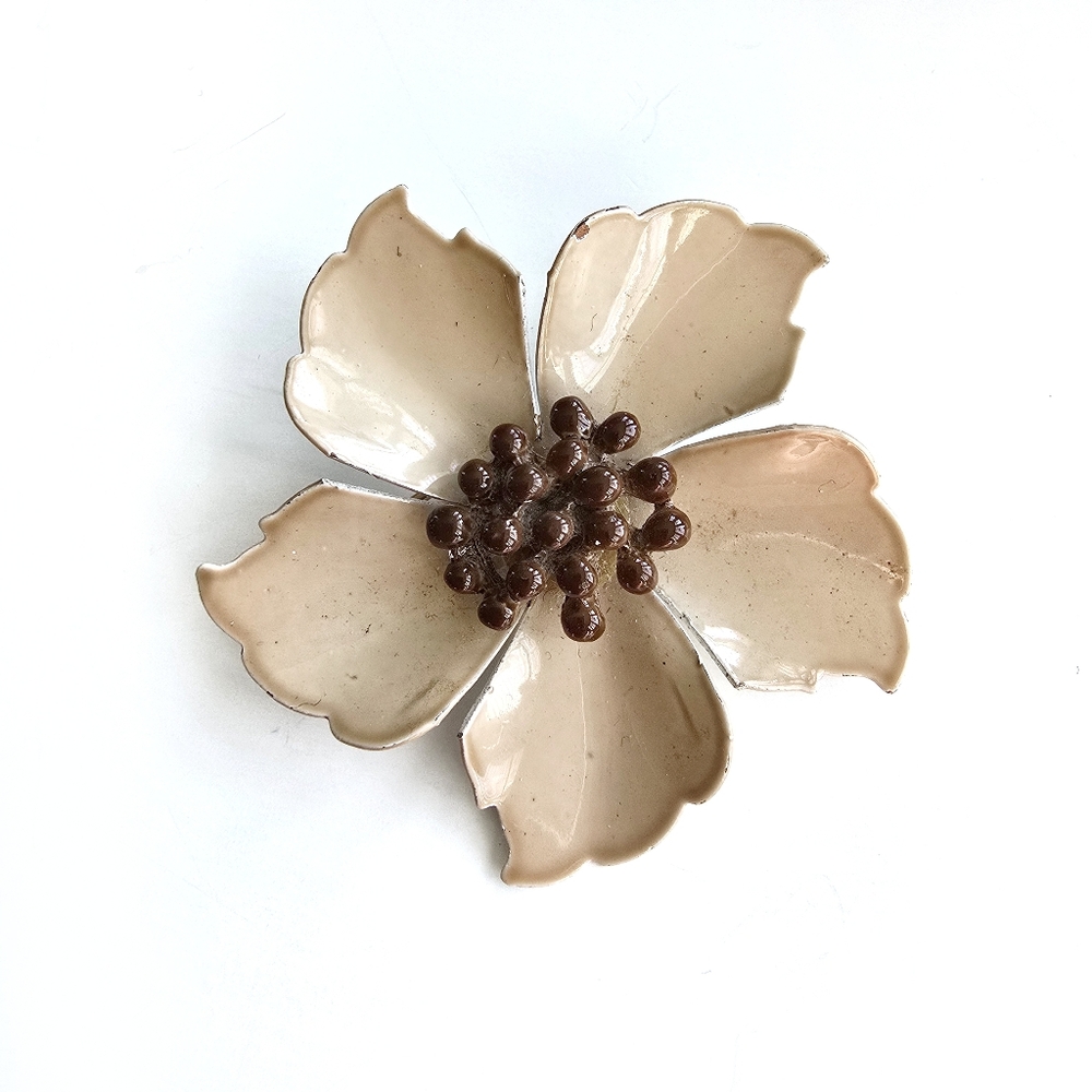 Vintage Pink Enamel Brooch Floral Metal Pin Flower Jewelry